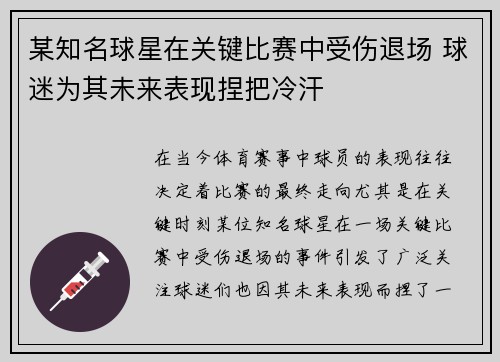 某知名球星在关键比赛中受伤退场 球迷为其未来表现捏把冷汗